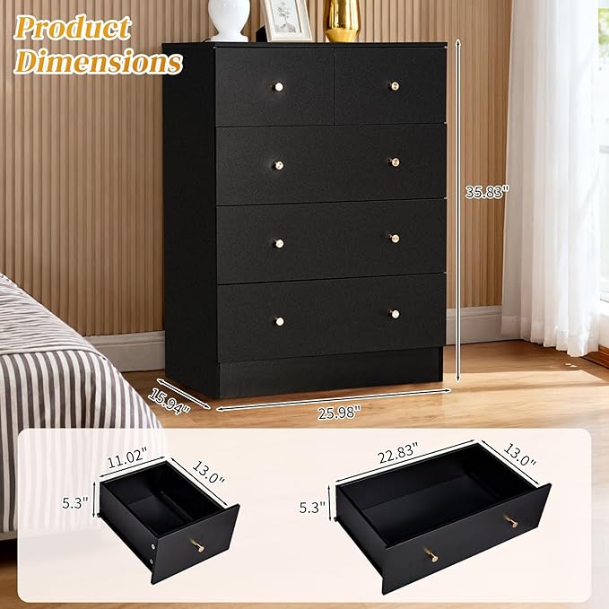 Karl home Black 5 Drawer Dresser for Bedroom, Tall Dresser Chest of Drawers, Rustic Wood Bedroom Dressers Clothes Organizer, Anti-Tipping Device, Rose Gold Metal Handle, Living Room, Entryway, Office