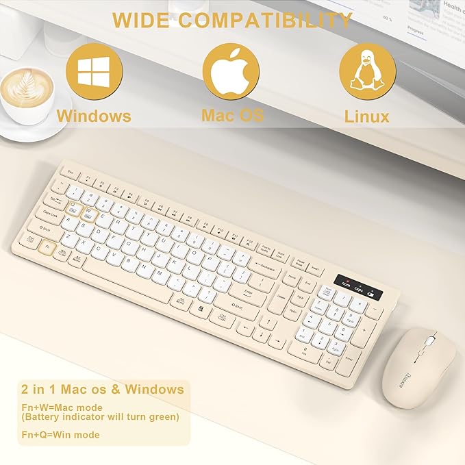 Silent Wireless Keyboard and Mouse Combo, Full-Sized Wireless Keyboard and Adjustable DPI Mouse, 2.4GHz USB Receiver, Keyboard and Mouse for PC, Windows, MAC, Desktop, Laptop(Latte-Color B)