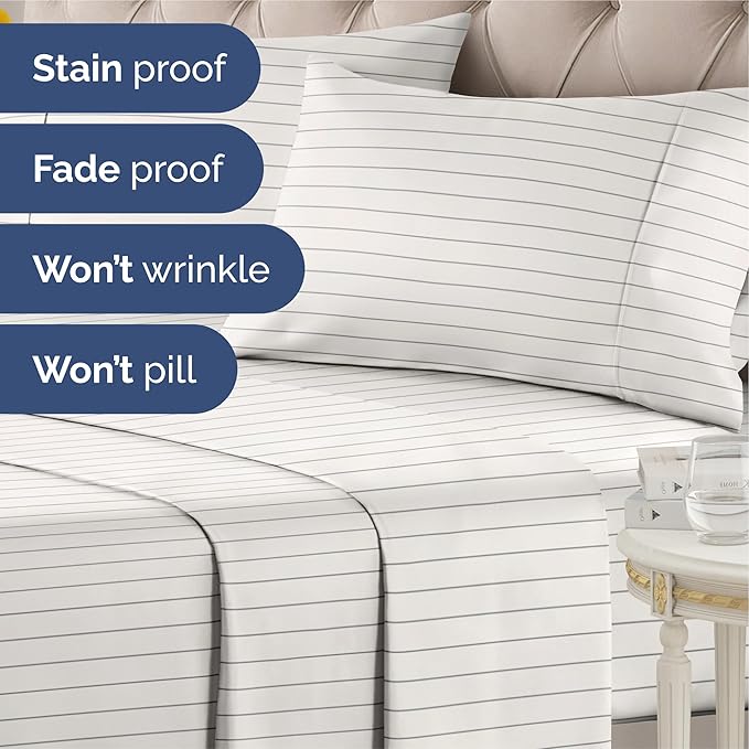 Striped Sheets - Beige & White Striped Sheets - 1 Flat & 1 Fitted & 2 Pillowcases w/ Deep Pockets – Wrinkle & Fade Free - Soft, Breathable and Cooling – Luxury Pinstripe Bedding - Queen Size Bed Set
