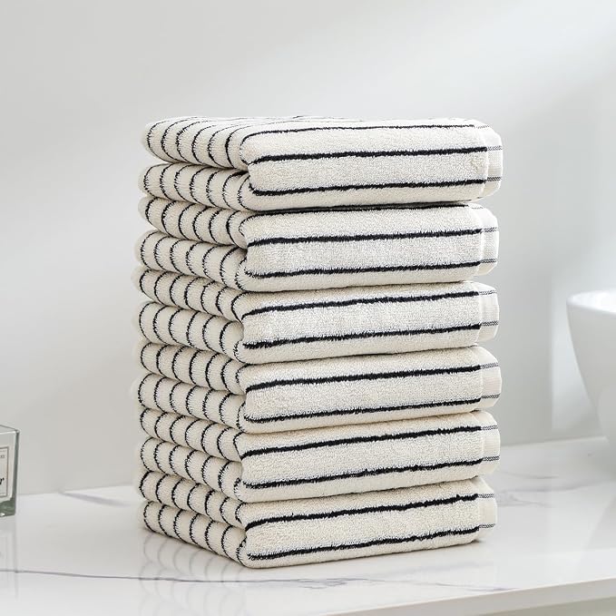 6 Piece Black and White Striped Hand Towels,100% Cotton Bathroom Towels Ultra Soft and Highly Absorbent Hand Towels for Bathroom Kitchen, Showering, Spa, Gym,Hotel (13” x 29”)