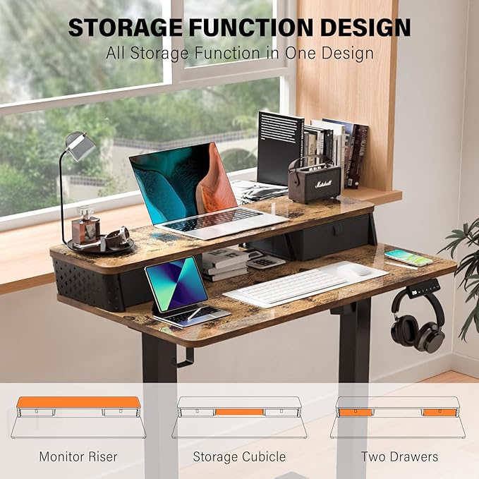 Electric Standing Desk with 2 Drawers 40''x 24'' Small Adjustable Height Sit to Stand Up Desk with Storage Shelf, C-Clamp Mount Compatible Home Office Desks Computer Gaming Table Ergonomic Workstation