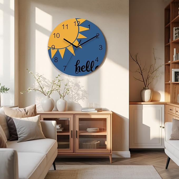 Sunburst Rays Wall Clock Battery Operated Non-Ticking 10" Round Wood Clocks, Mustard Yellow Slate Blue Kitchen Wall Clock for School Bathroom Living Room Home Office Wall Decor