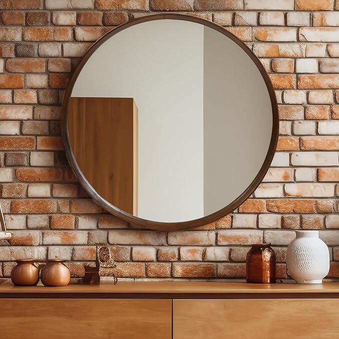 Round Wood Frame Mirror 28 Inch, Brown Wall Circle Mirror for Bathroom, Nursery, and Wall Decor