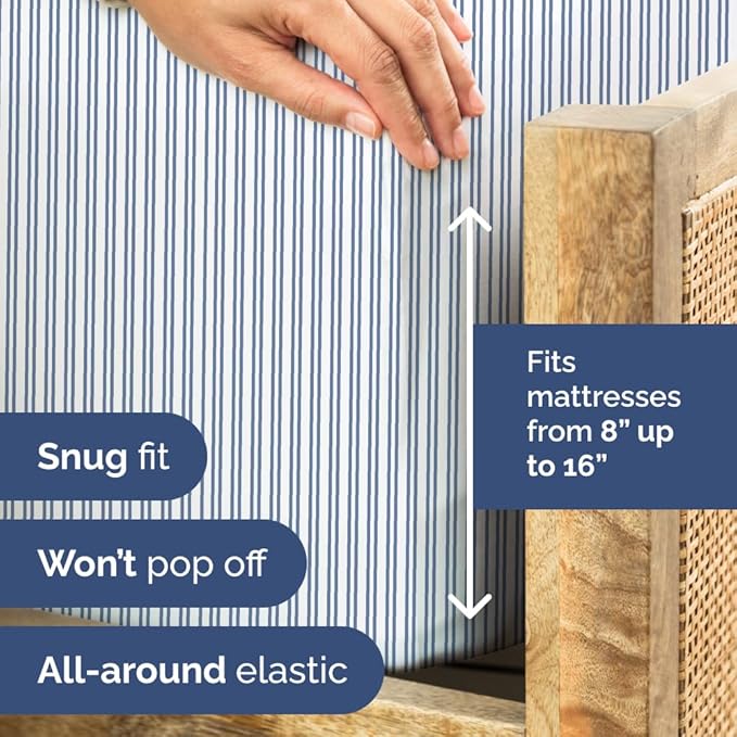 Blue and White Striped Sheets - 1 Flat & 1 Fitted Sheet & 2 Pillowcases w/ Deep Pockets - Comfy, Wrinkle & Fade Resistant - Ultra-Soft, Breathable & Cooling - Luxury Pinstripe Bedding - Queen Size