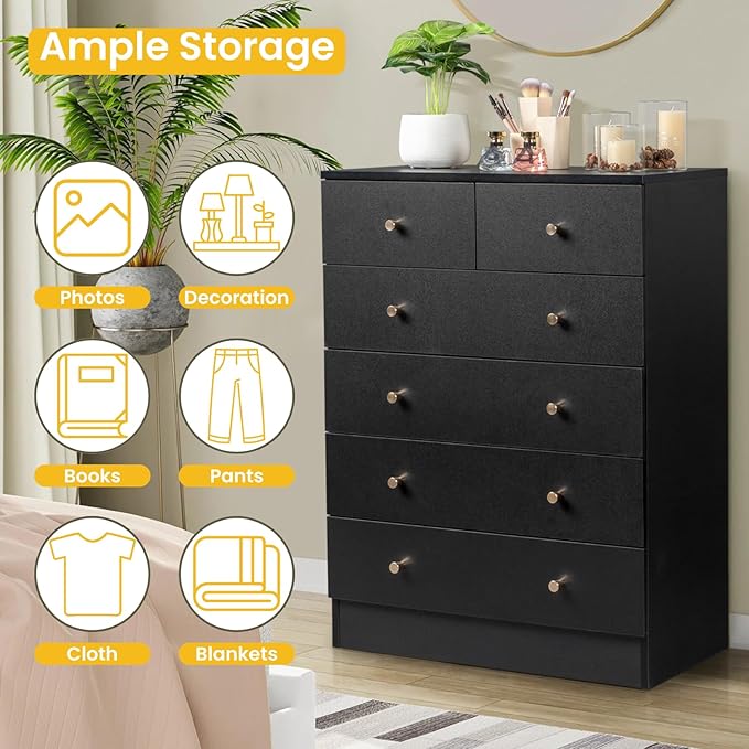 Karl home Black 6 Drawer Dresser for Bedroom, Tall Dresser Chest of Drawers, Wood Bedroom Dressers Clothes Organizer, Anti-Tipping Device, Rose Gold Metal Handle, Living Room, Entryway, Office
