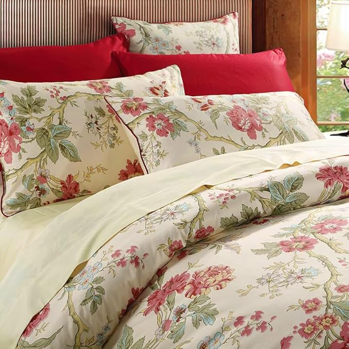 mixinni Red Floral Duvet Cover Queen Green Leaves Pattern Bedding Duvet Cover Set with Zipper Closure 4 Corner Ties for Him and Her-(3pcs, Queen Size)