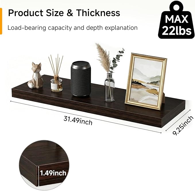 31.5in Floating Shelves for Wall, Wall Mounted Shelves for Decor Storage Set of 2, Floating Shelf for Bedroom, Bathroom, Living Room and Kitchen（Dark Walnut）