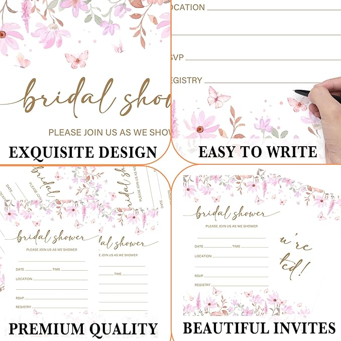 Pink Floral Bridal Shower Invitations, Spring Butterflies Invites with Envelopes, 4x6 Invite Card for Wedding Shower, Newlyweds, Party Favor & Decorations-A02