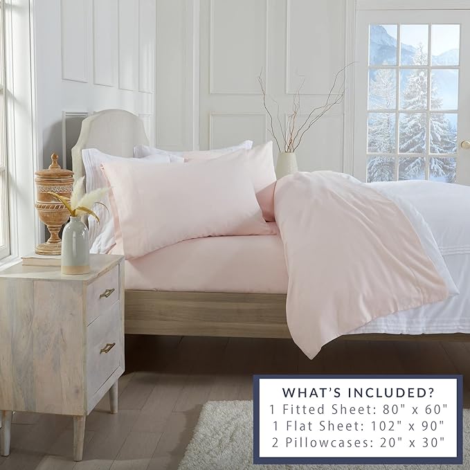 Market & Place 100% Turkish Cotton Flannel Sheet Set | 4 Piece Deep Pocket Solid Cozy Winter Bed Sheets | Double Brushed for Extra Softness & Comfort | Chalet Collection (Queen, Blush Pink)