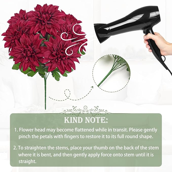 Hollyone Red Artificial Dahlia Flowers Bush Fake Fall Flowers Artificial for Decoration Outdoor Indoor 7 Heads Silk Faux Dahlias Flower Bouquets Arrangements Centerpieces Fall Decorations for Home
