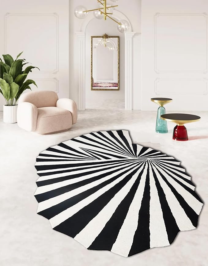 Black and White Striped Irregular Shaped Area Rug for Living Room Dining Room Bedroom Indoor Washable Rugs Modern Abstract Optical Art Meetingroom Home Office Lightweight Soft Shaggy Carpet 9x12