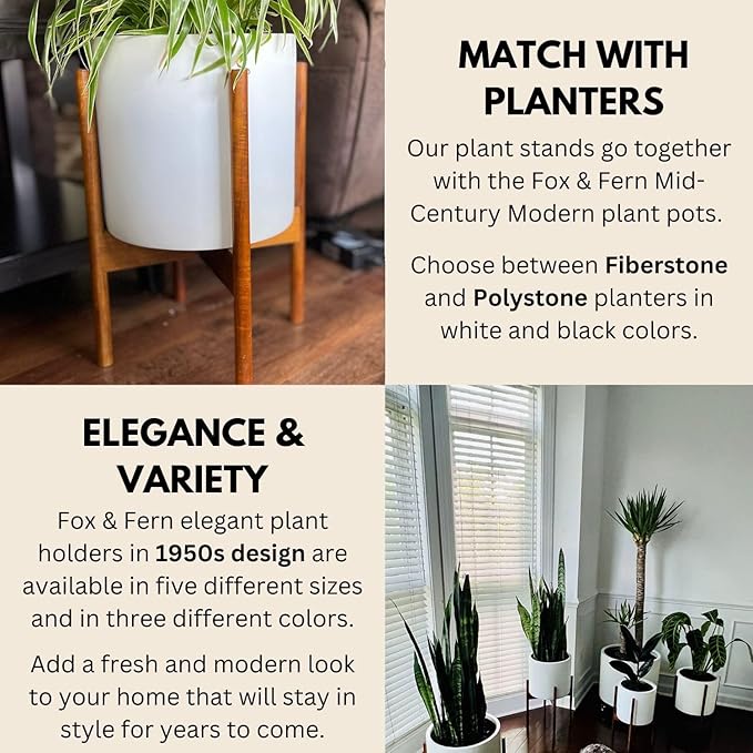 Fox & Fern Mid Century Plant Stand — 8 Inch Fixed Size Wooden Plant Stand for Indoor Planters (Not Included) - Raised Flower Pot Holder for Indoors - Plug In Design - Two Height Options - Acacia