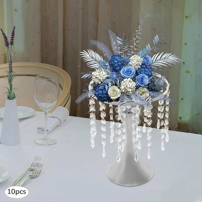 10 Pcs Glam Crystal Flower Stands, Wedding Reception Decorations with Sparkling Crystal Beads Table Center Display Flower Arrangement Flower Stand Metal Vase for Event Decor (Silver, Height:10.23in)