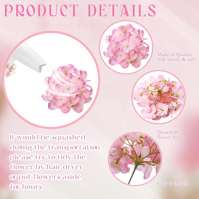 Unittype Silk Hydrangea Artificial Flowers Heads with Stems Faux Hydrangea Flowers for Wedding Centerpieces Bouquets DIY Floral Decorations for Home Indoor(White and Pink,200 Pieces)