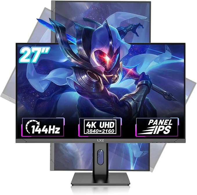 LXZ Gaming Monitor 27 inch, 144hz Monitor 3840 * 2160P, IPS Display, Eye Care, DP/HDMI, Wall Mount Compatible - Black