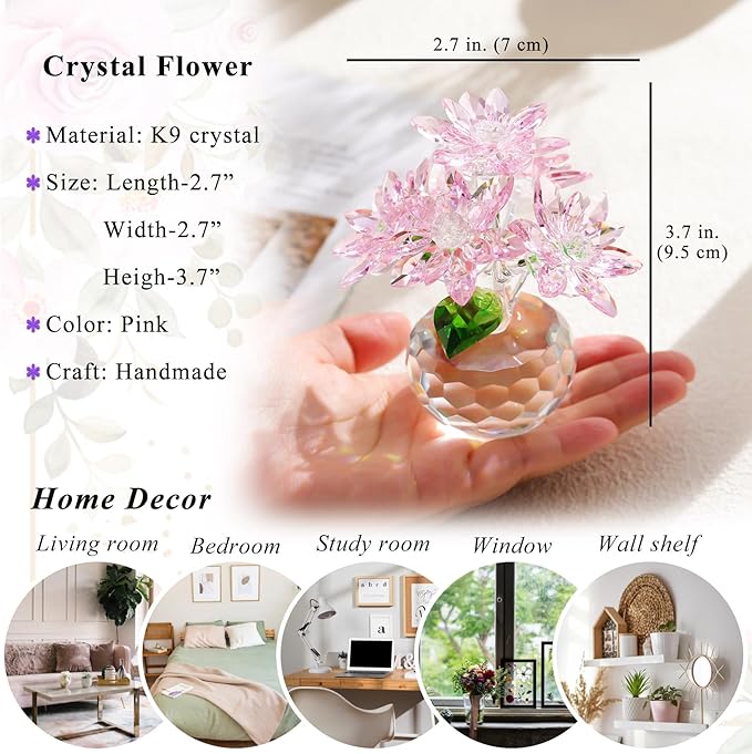 YWHL Pink Crystal Flower Figurine Decor with Stand, Handmade Glass Flower Gifts for Women, Beautiful Art Collectible Statue for Home Table Centerpiece（Pink