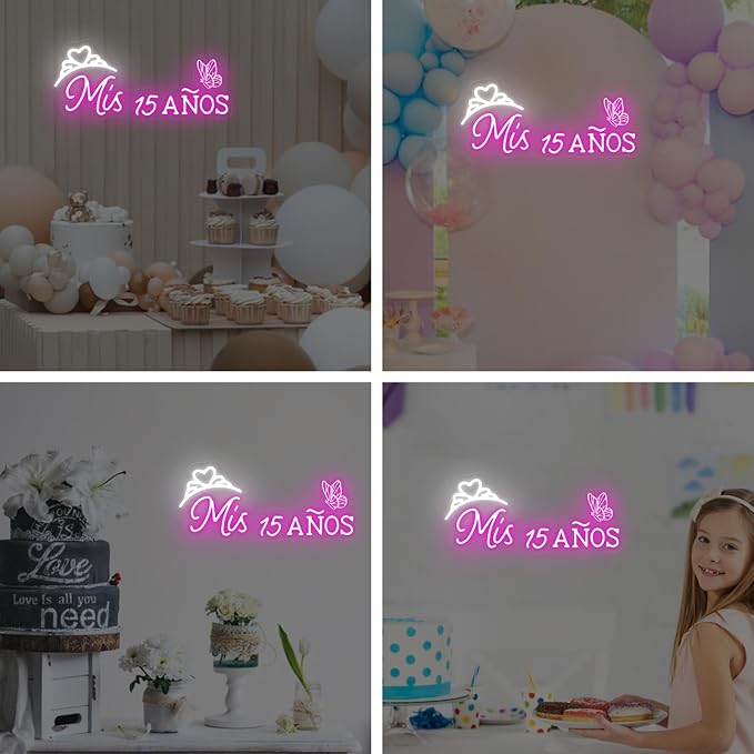 Mis 15 Anos Neon Sign, Sweet 15 Quince Party Sign with Dimmer Switch, Birthday Party Decor, Quinceanera Party Sign, Preppy Room Decor,Birthday Party Home Decorations, Mitzvah Gift-Pink-16"x7.09"