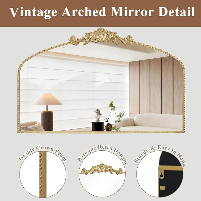 Vintage Gold Arched Mirror 48"X30", Large Victorian Antique Baroque Mantel Wall Mirror with Ornate Metal Frame for Entryway/Fireplace/Living Room/Hallway/Bathroom/Bedroom