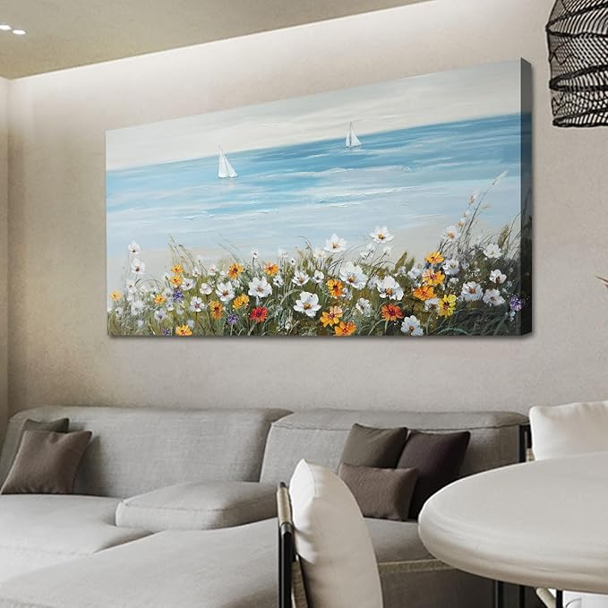 Ardemy Daisy Large Wall Art for Living Room, Floral Canvas Wall Art Ocean Flower Pictures Paintings Wall Decor Living Room Wildflower Artwork Dining Room Home Office Kitchen, 48"x24"