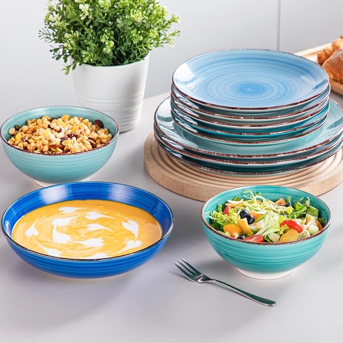vancasso Bonita Stoneware Dinnerware Sets 24 Pieces Service for 6, Hand-Painted Spiral Dishes Set, Ceramic Kitchen Plates and Bowls Sets-Microwave and Dishwasher Safe (Blue,24 Pcs)