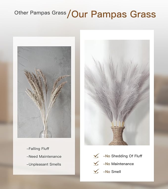 9 Pcs 45" Tall Pampas Grass Grey Decor, Long Stem Artificial Flower Floor Vase Large Faux Floral Pompas Fake Plants Dried Bouquet Arrangement Vase Filler for Boho Home Wedding Decoration