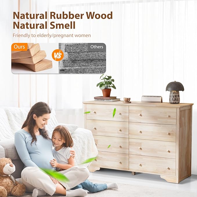 VINGLI 55" W Solid Wood Dresser 8 Drawer, Unfinished Chest for Color DIY, 55.1" W*17.72" D*37" H