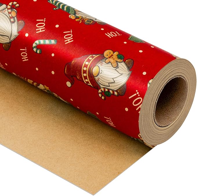 Yarcony Gnomes Christmas Wrapping Paper, Kraft Red Wrapping Paper, Recyclable Funny Gnome Thick Christmas Gift Wrap for Holiday Gifting, Festive Winter Celebrations (Mini Roll, 17 Inch X 33 Feet)