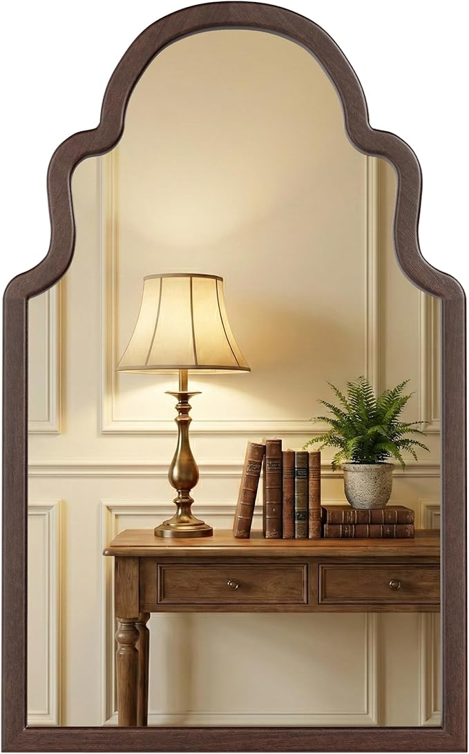 40"x24" Walnut Arched Mirror, Solid Wood Frame for Vanity, Mid Century Modern Decor for Living Room & Bedroom, Rustic Dark Brown Wooden Mirror for Wall, Boho Style