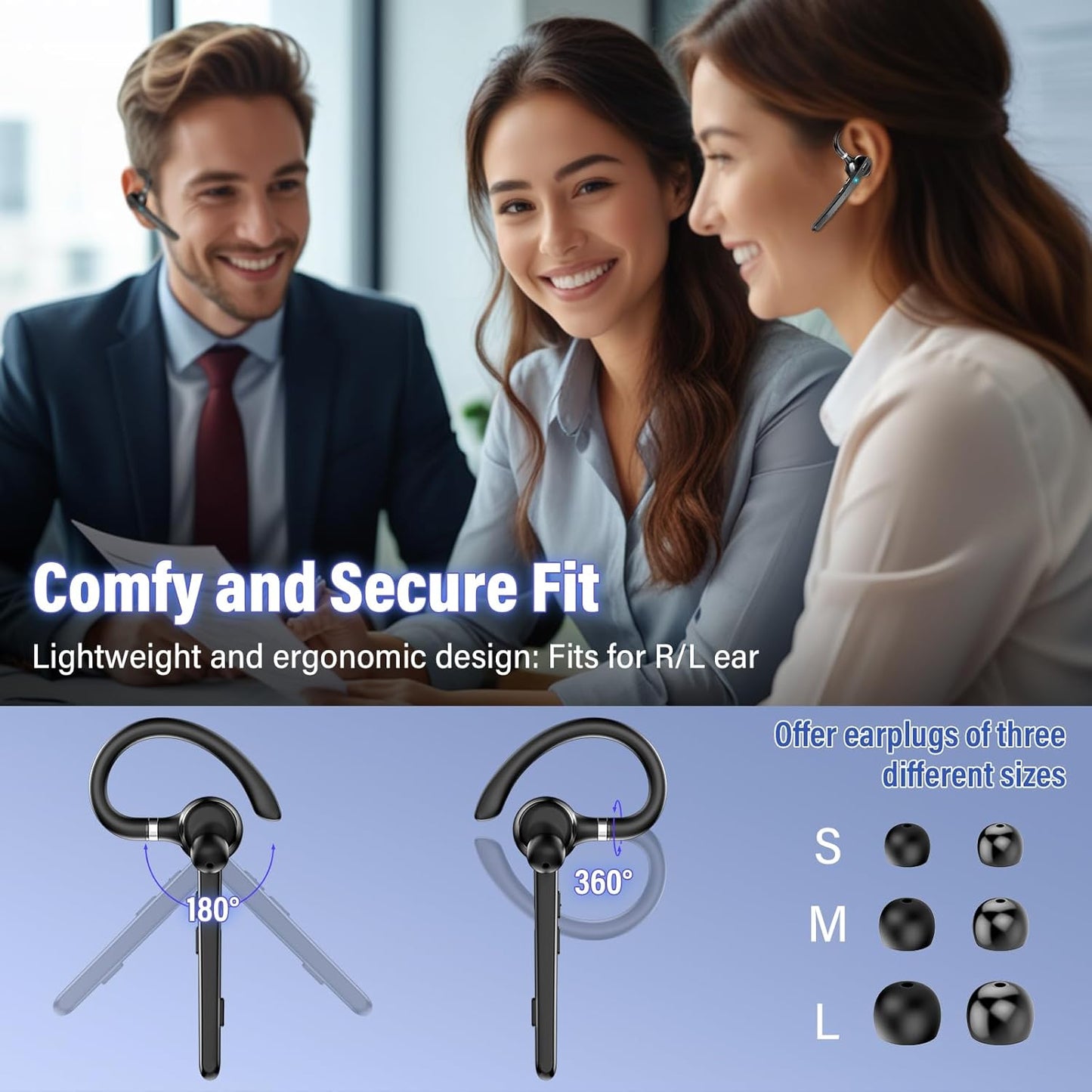 Thunelec Bluetooth Headset - Wireless 5.3 Earpiece with 90Hrs Battery Life & APTX HD Audio | Dual Noise Cancelling Mics