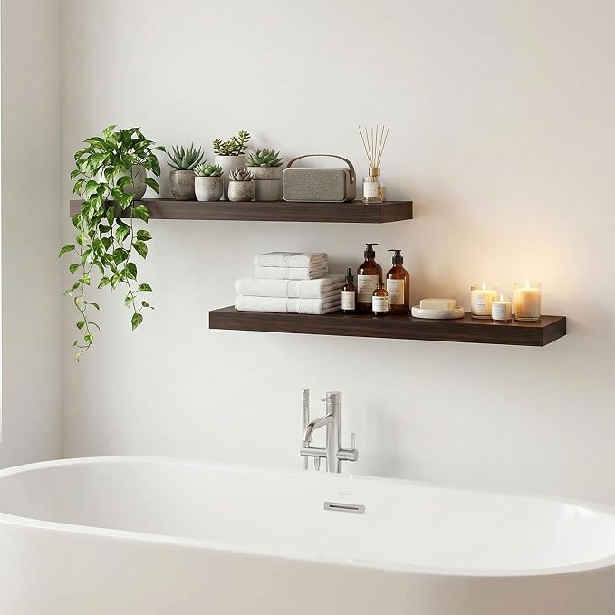 31.5in Floating Shelves for Wall, Wall Mounted Shelves for Decor Storage Set of 2, Floating Shelf for Bedroom, Bathroom, Living Room and Kitchen（Dark Walnut）