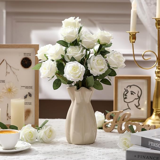30 Pcs Rose Artificial Flowers in Bulk Real Touch Long Stem Silk Roses Bouquets Realistic Faux Flowers for Wedding Bridal Shower Home Decor Floral Arrangements Table Centerpiece(White)
