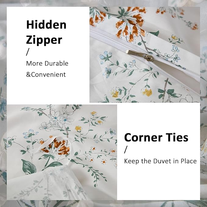 100% Cotton Duvet Cover Sets King Size Garden Chic Floral Duvet Cover with Zipper Closure Botanical Coquette Bedding Set Ultra Soft & Breathable