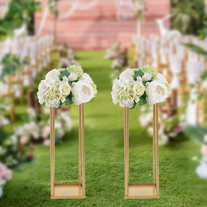 2PC 23.6" Flower Stand for Wedding Metal Cylinder Stands for Party Rectangular Gold Centerpieces Flower Vase Gold Pedestal Columns for Weddings Indoor Outdoor Flower Plant Stand Decoration