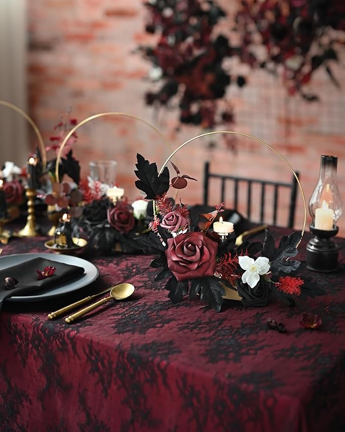 Ling's moment Fake Flowers Box, Faux Artificial Greenery Stems Foam Roses Dahlia Silk Maple Leaf Fabic Flower for Centerpieces Bouquet Wedding Vase Floral Decorations, Burgundy & Black, Mini Combo