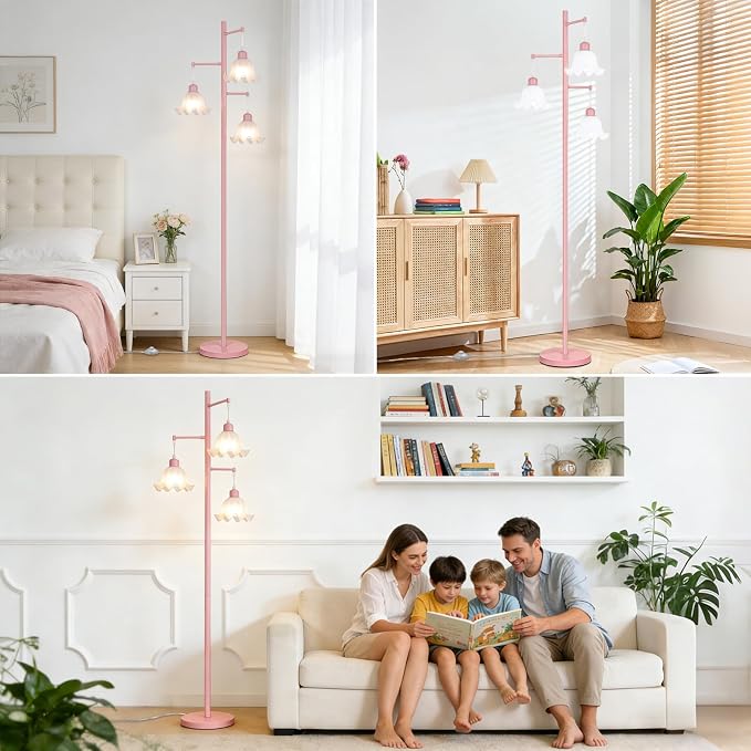 TOBUSA Pink Flower Floor Lamp for Living Room, 3-Light Vintage Standing Lamp with 3 E26 Bulbs, 68’’ Tall Corner Floor Lamp with Floral Lampshades, Modern Boho Floor Light for Bedroom Office Girls
