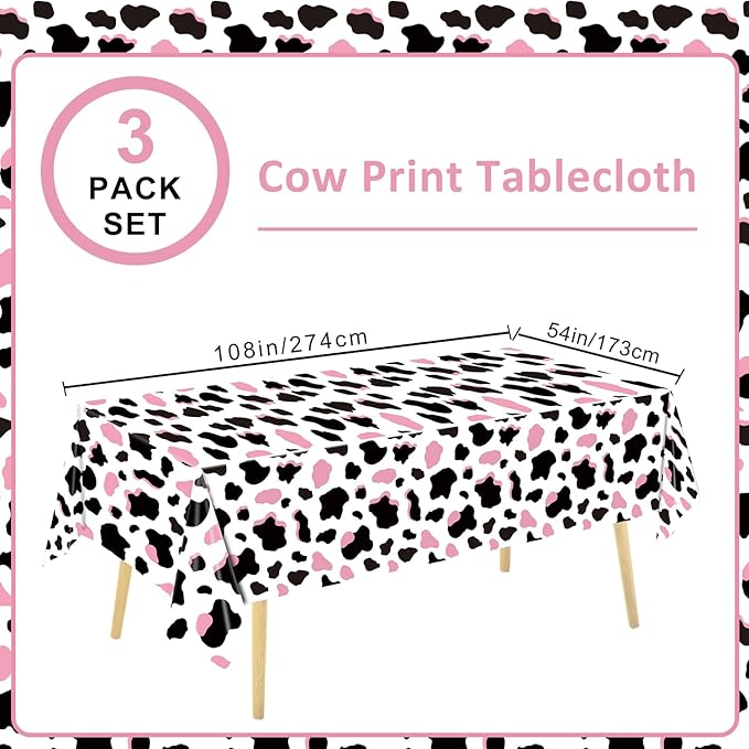 3 Pack Pink Cow Print Tablecloth - Cow Birthday Party Table Cloth Cow Print Table Cover for Disco Pink Cowgirl Birthday Decorations Supplies, 108 x 54 Inch