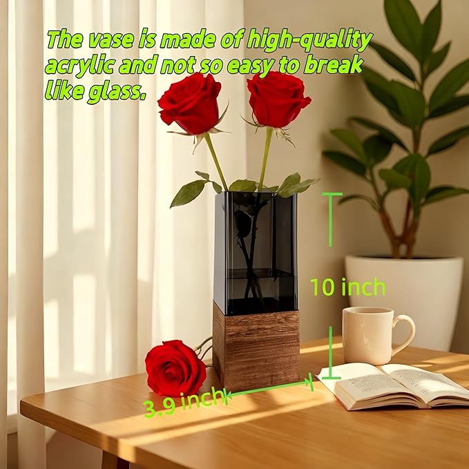 Shatterproof Acrylic Flower Vase with Wood Base–10”H*3.9''W Modern Table Centerpiece for Home Office Decor, Holds Fresh/Dried Stems, Lightweight&Stable, Present for Housewarming Christmas(Rectangular)