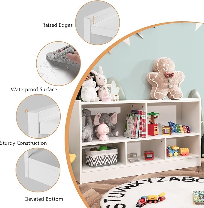 KOTEK Toy Storage Organizer, 5 Cubby Kids Bookshelf, Wooden 3-Tier Bookcase Storage Cabinet, Open Display Book Shelf for Daycare, Nursery, School Classroom, Living Room & Bedroom (White, 5 Cubes)