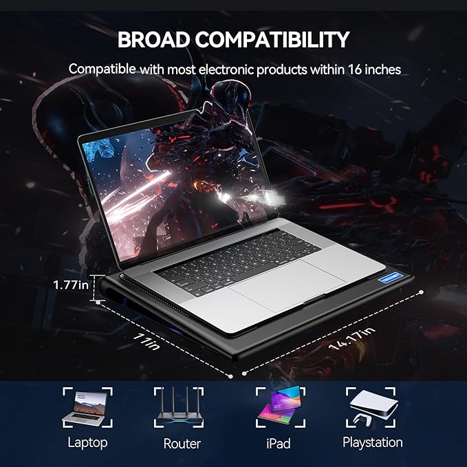 TECKNET Laptop Cooling Pad - 12"-15.6" Laptop Cooler, Powerful Cooler and Ultra Quiet for Gaming Laptops Pad, 2 Wind Speed Adjustable, USB A & C Powered Cooler Stand with Laptops Fan LED (Blue)