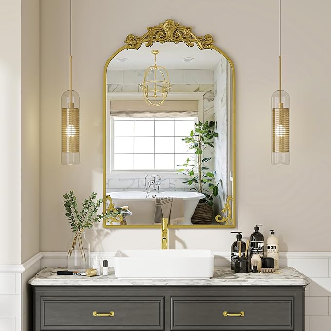 VooBang 26x38 inch Vintage Arched Bathroom Mirror - Gorgeous Wall Vanity Mirror with Beautiful Retro Top and Bottom Engraving Process Frame for Entryway Hallway Living Room, Gold