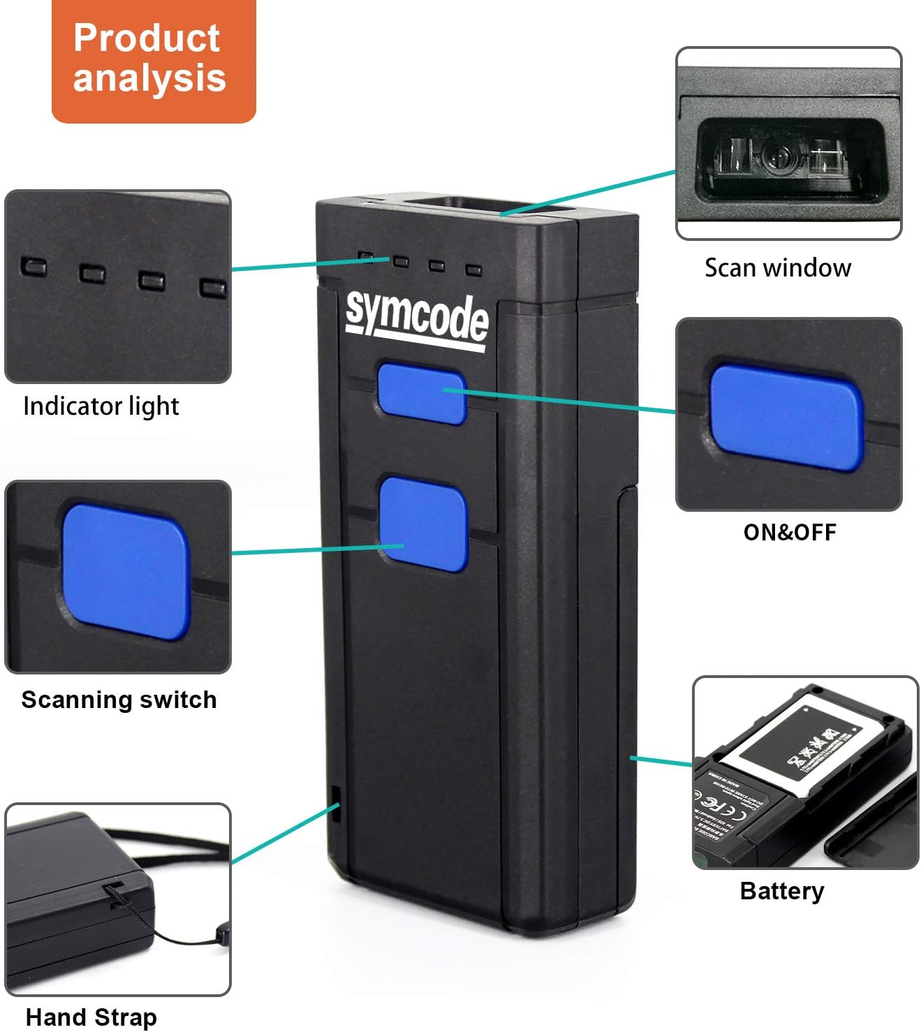 Symcode Bluetooth Wireless Barcode Scanner - Portable 2.4GHz Reader for Windows, Mac, Android & iOS Devices