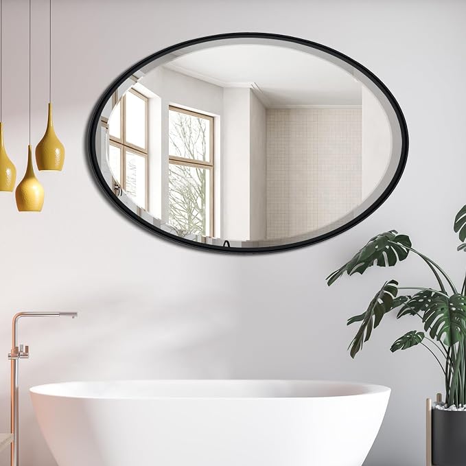 POZINO Oval Beveled Mirror, 24"x36" Bathroom Vanity Mirror for Over Sink, Matte Black Modern Oblong Wall Mirror for Living Room Entryway Bedroom Hallway Fireplace, Hangs Horizontal Or Vertical