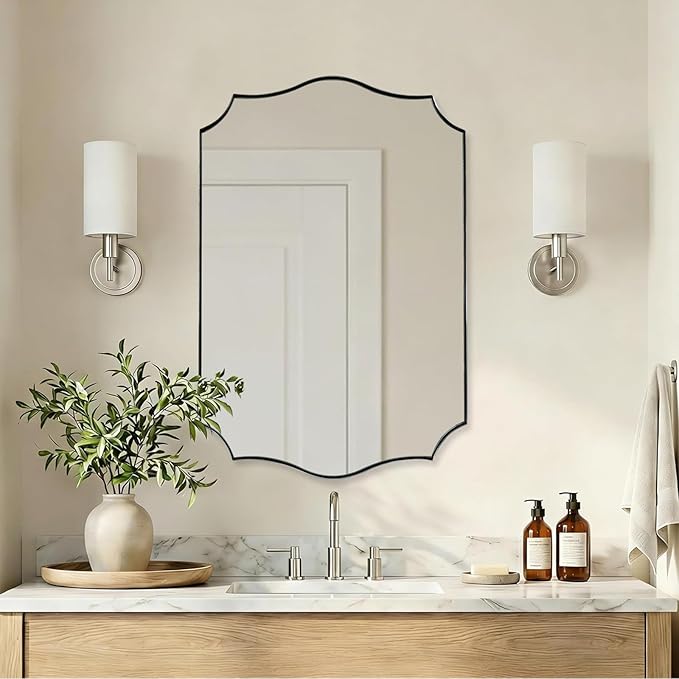 ANDY STAR 20"x30" Brushed Nickel Bathroom Mirror, Scalloped Mirror for Bathroom Vanity, Modern Silver Mirror in Rustproof Stainless Steel Frame, Elegant Curved Scallop Design, Ideal for Home Remodel
