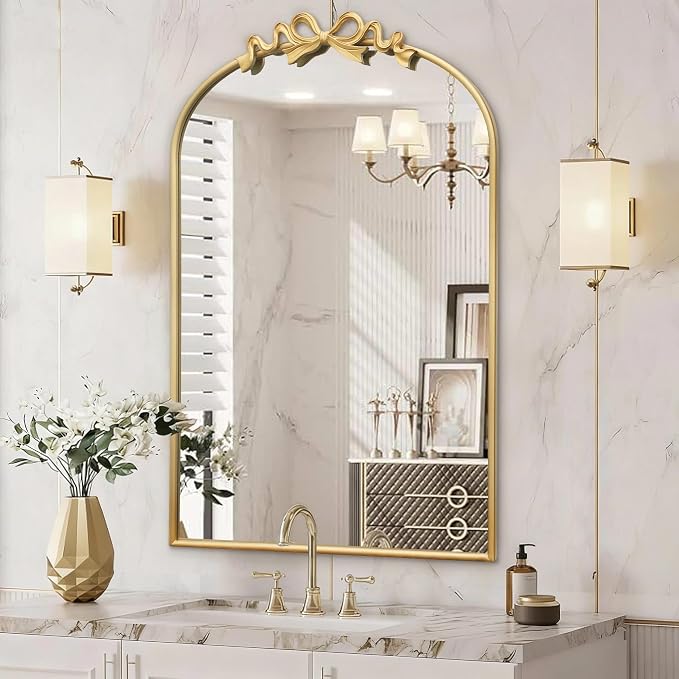 Besdomus Vintage Arched Gold Mirror: 24"x36" Large Gold Antique Bow Wall Vanity Mirror - Baroque Traditional Ornate for Bathroom/Bedroom/Living Room - Wall Decor for Housewife
