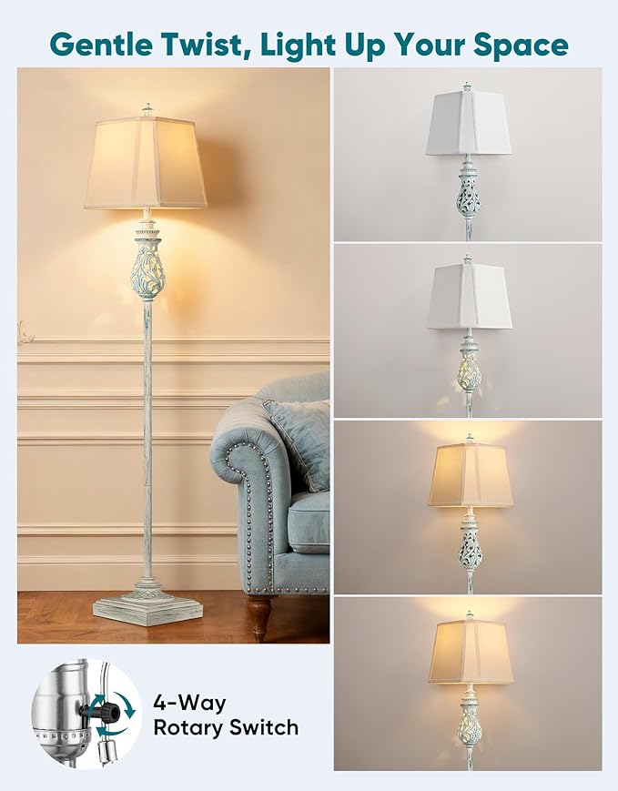 64'' Vintage Floor Lamp with Nightlight, Rustic Farmhouse Tall Standing Lamp with Rotary Switch and White Linen Shade for Living Room, Corner, Bedroom, House Decor, Wash Blue (Bulb Included)
