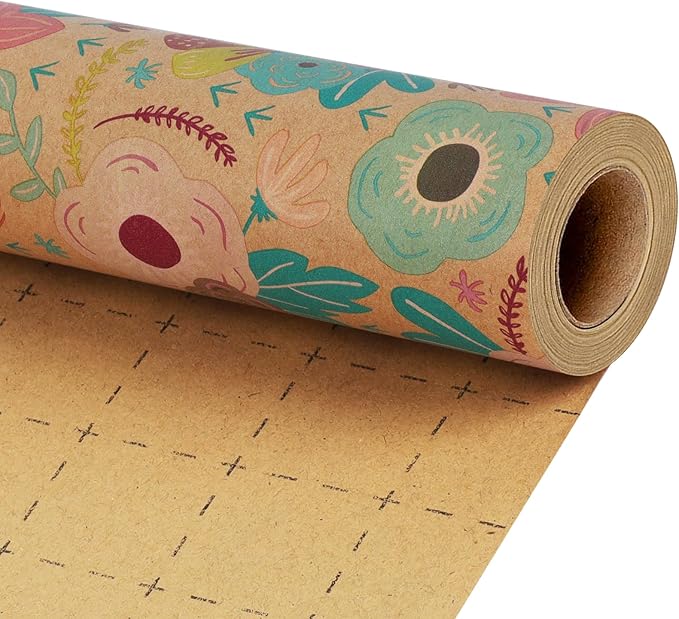 BIOBROWN Kraft Floral Wrapping Paper Roll - 17 Inches X 33 Feet (47 sq. ft. ttl.) Wildflowers Design Flower Gift Wrap for Mother's Day, Wedding, Bridal Shower, Birthday