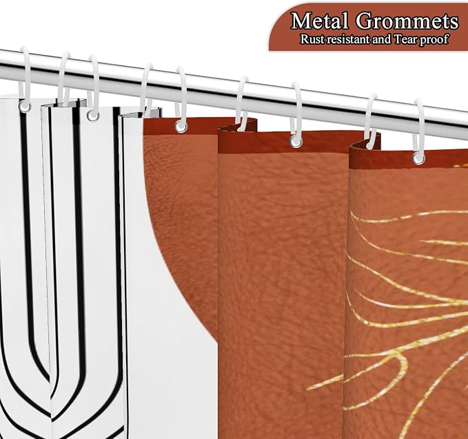 Mid Century Boho Shower Curtain, Abstract Modern Sun Minimalist Aesthetic Shower Curtain, Bohemian Geometric Arch Curve Leaves Neutral Art Fabric Bathroom Curtains Orange 60x72 inch