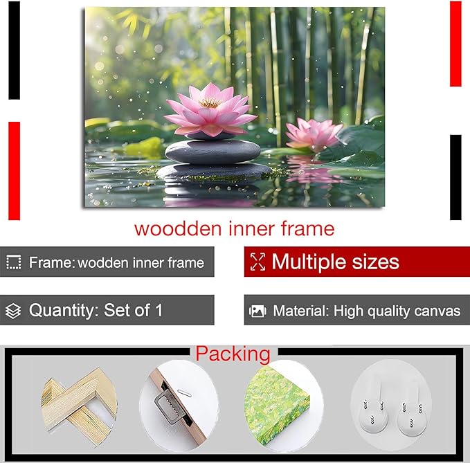 Ethereal pink lotus on obsidian Sunlit bamboo forest with sparkling water drops Poetic nature inspired wall art for tranquil homes and mindful spaces 20x30in Wood Framed