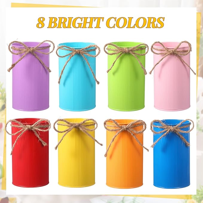 Domensi 5.91 in High Farmhouse Vase Decor Galvanized Metal Flower Vase with Twine Bow Vintage Rustic Tin Flower Buckets for Artificial Floral Table Container DIY (Multicolor,8 Pcs)