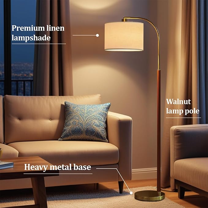 66” Walnut Gold Floor Lamp for Living Room, 1200 Lumens 3-Level Brightness Arc Floor Lamp for Bedroom, Wood Vintage Mid Century Modern Standing Lamp, Adjustable Lampshade, LED Bulb Included